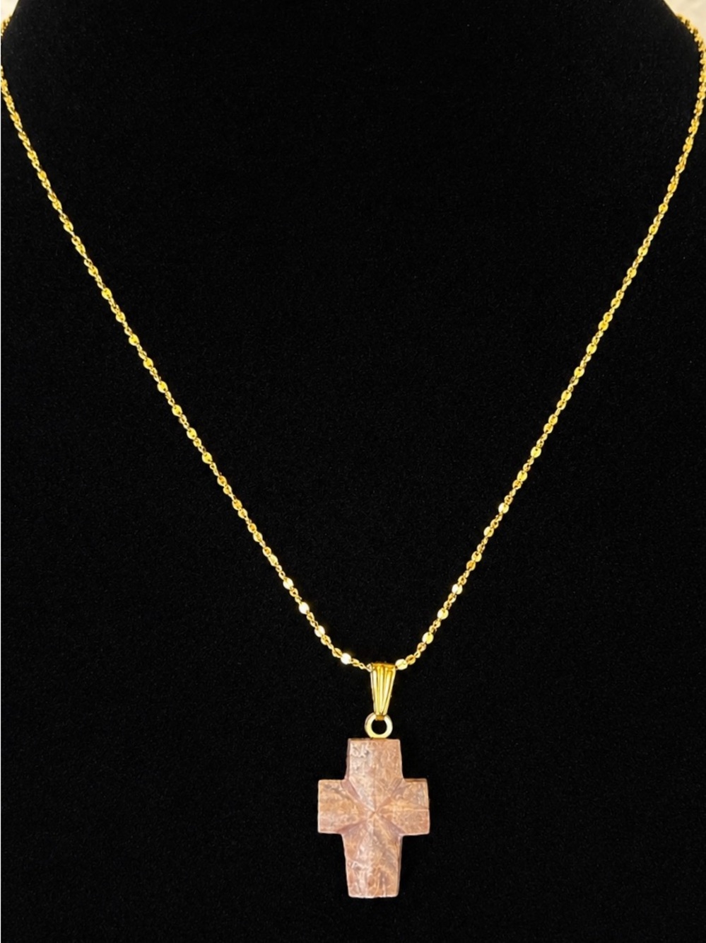 Vintage Hand-Carved Walnut Wood Cross Necklace (c. 1960s–1970s)